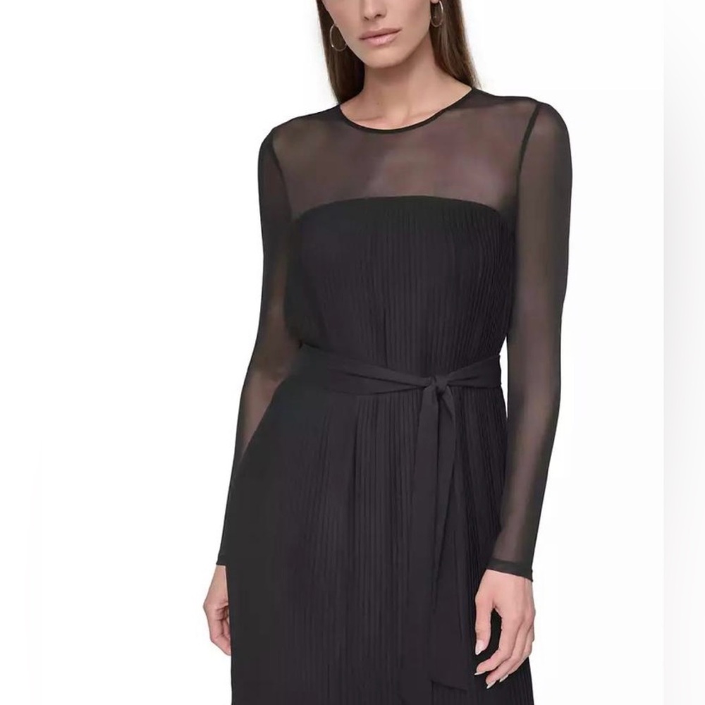 DKNY Women's Chiffon Pleated Tie-Waist Illusion-Mesh Dress Size 16 - Picture 4 of 9